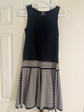 DKNY Black and White Sleeveless Striped Midi Dress